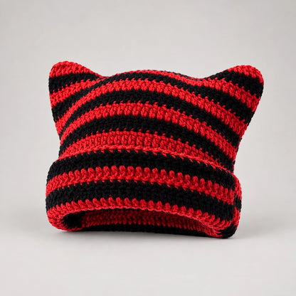 Delphi Cat Ear Crochet Beanie — Cd61300 Red And Black (headwear solo front)