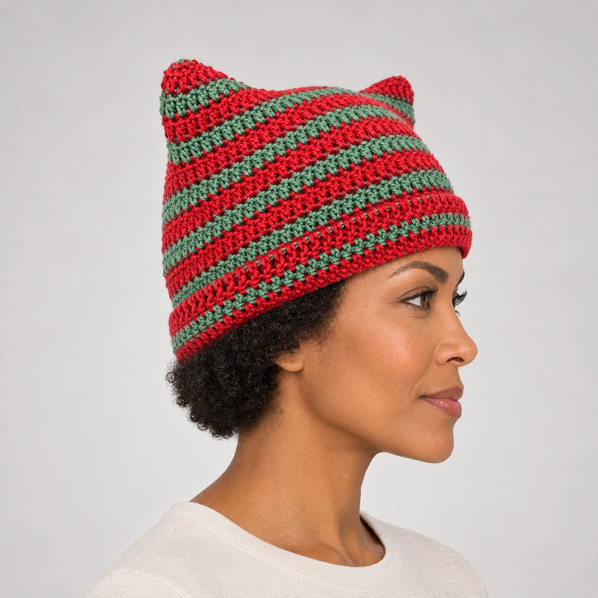 Delphi Cat Ear Crochet Beanie — Cd61300 Red And Green (headwear model alt)