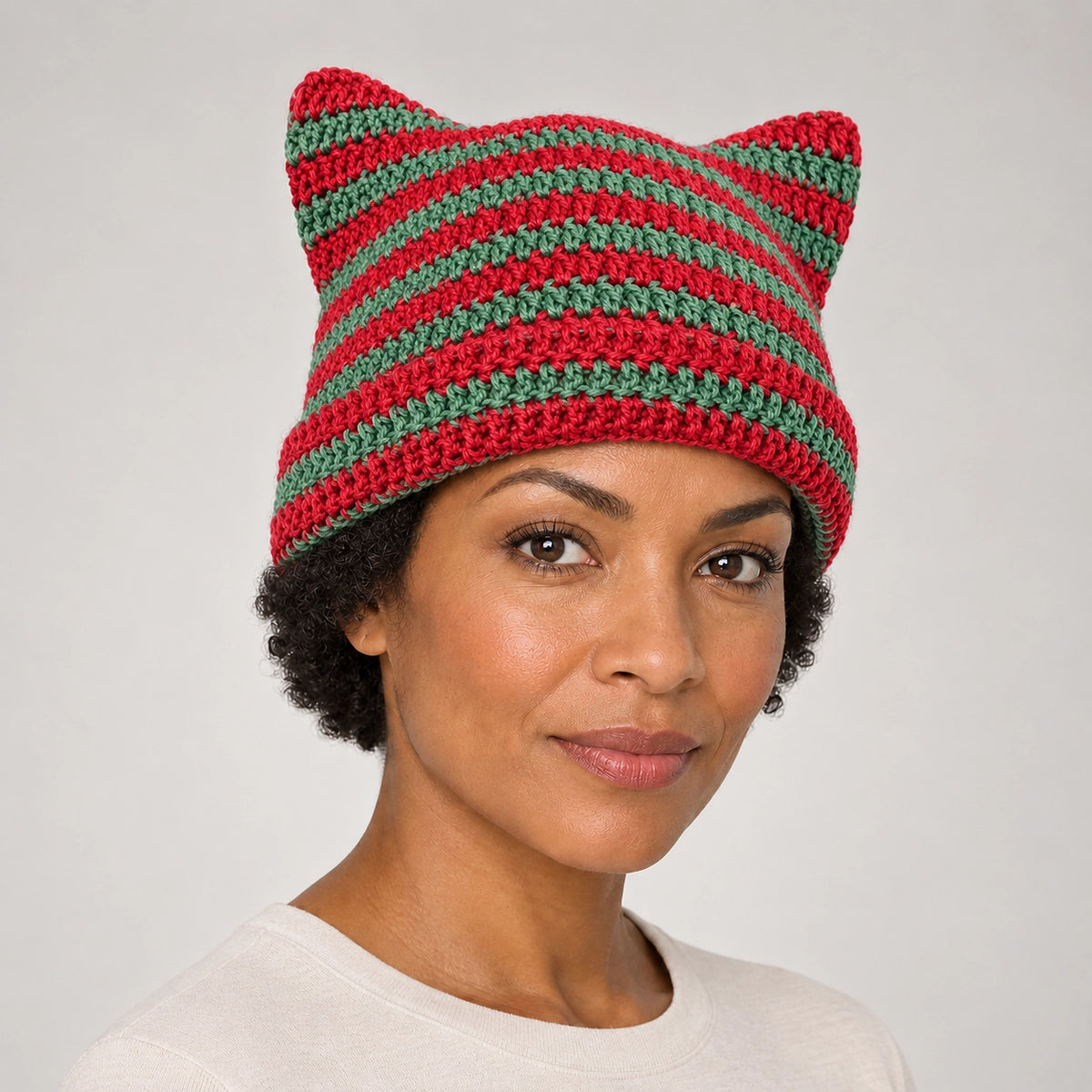 Delphi Cat Ear Crochet Beanie — Cd61300 Red And Green (headwear model front)