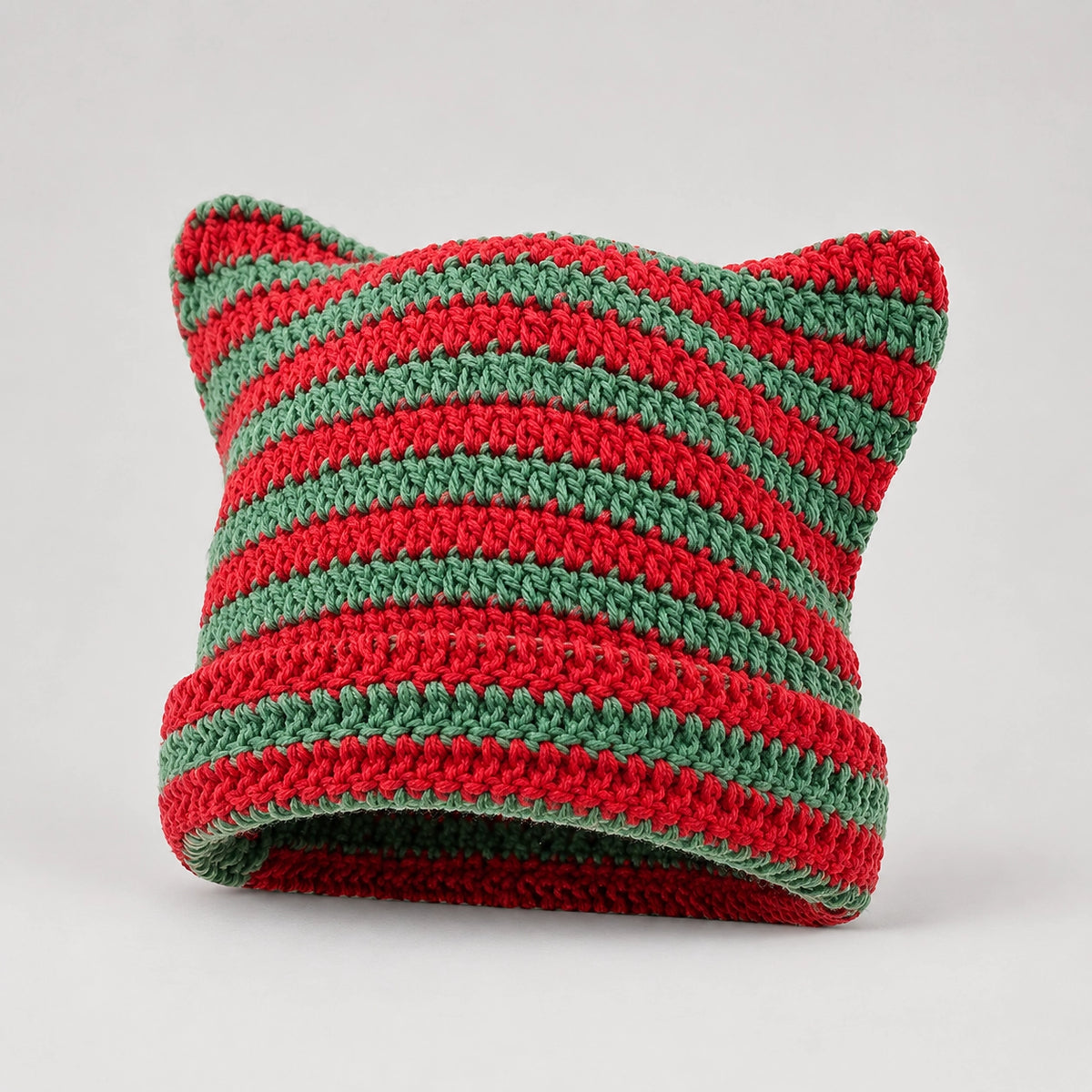 Delphi Cat Ear Crochet Beanie — Cd61300 Red And Green (headwear solo front)