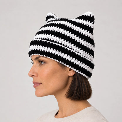 Delphi Cat Ear Crochet Beanie — Cd61300 White Black (headwear model alt)