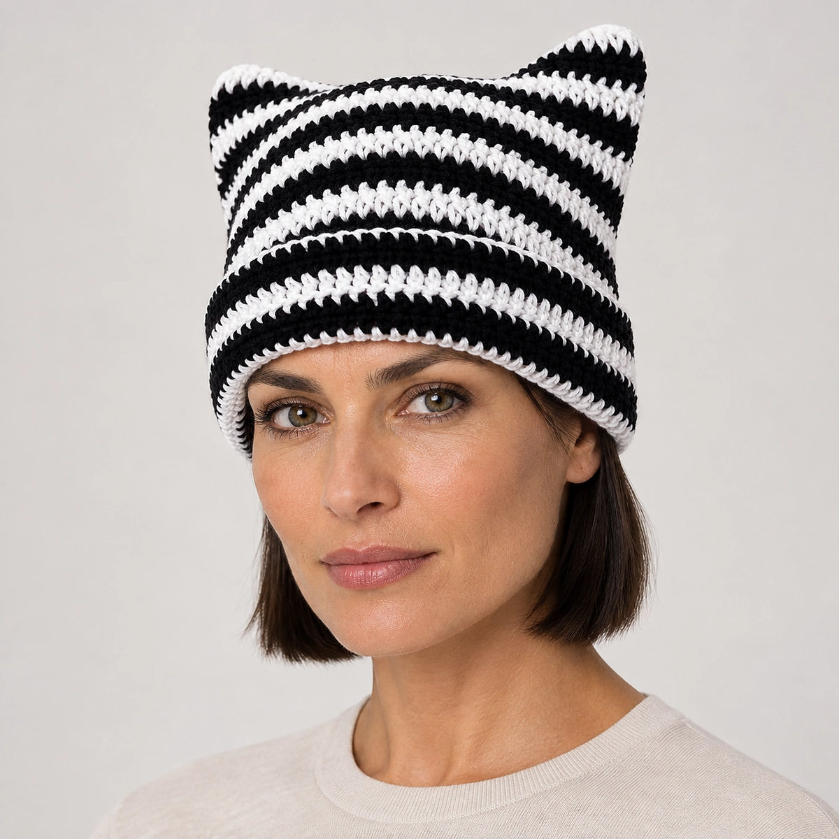 Delphi Cat Ear Crochet Beanie — Cd61300 White Black (headwear model front)