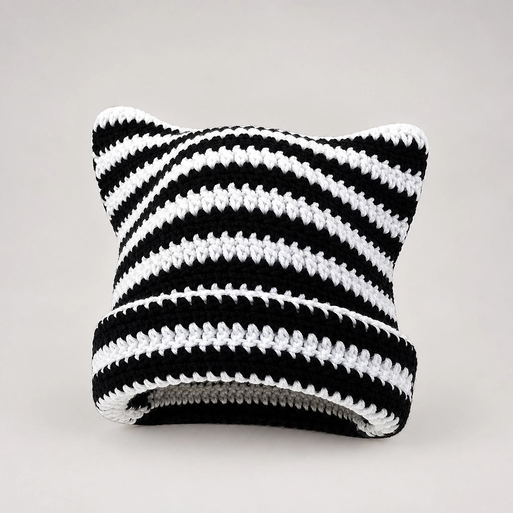 Delphi Cat Ear Crochet Beanie — Cd61300 White Black (headwear solo alt)