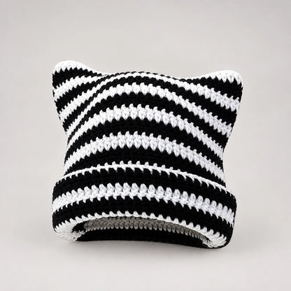 Delphi Cat Ear Crochet Beanie — Cd61300 White Black (headwear solo alt)