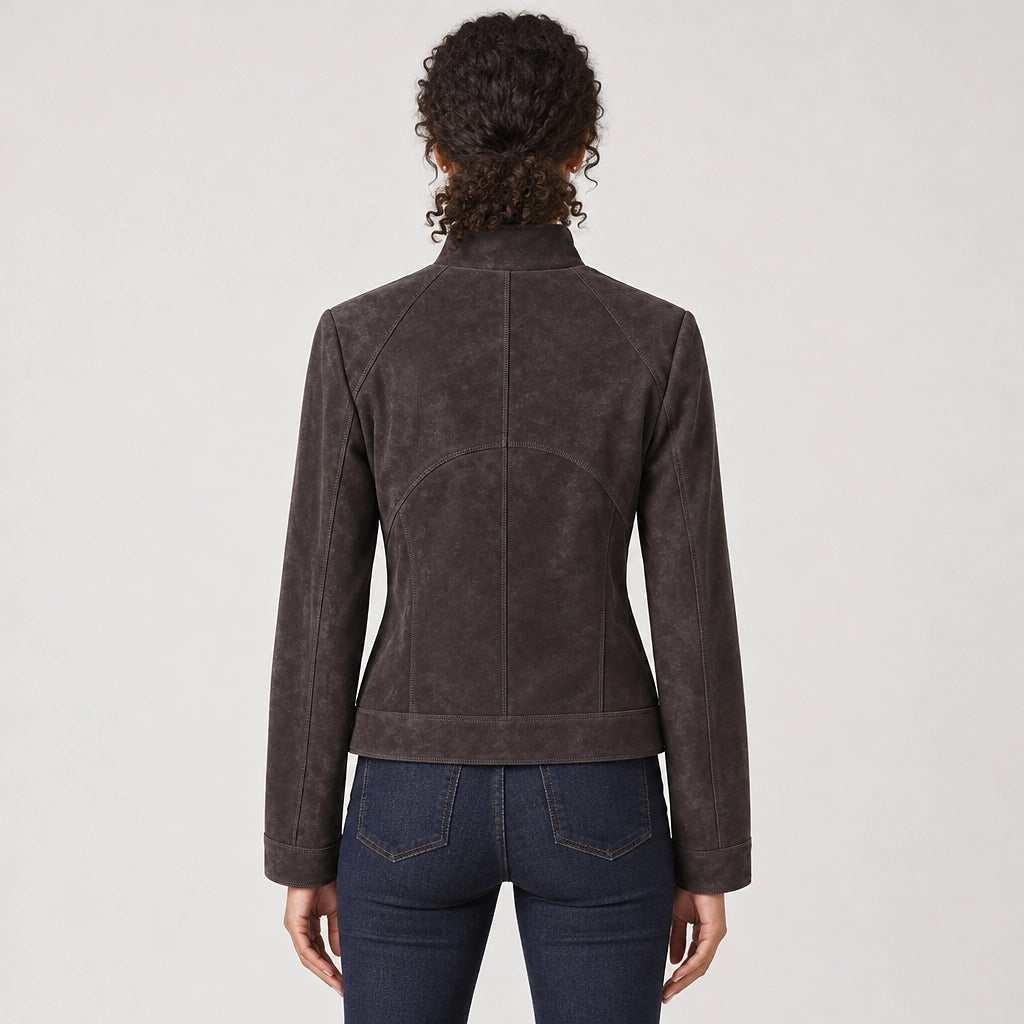 Belvara Sheepskin Leather Jacket — Charcoal (apparel back)