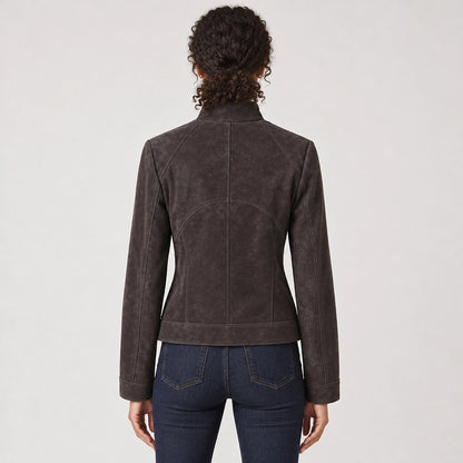 Belvara Sheepskin Leather Jacket — Charcoal (apparel back)
