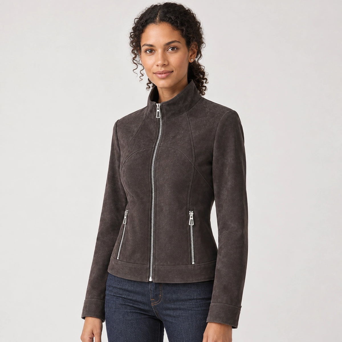 Belvara Sheepskin Leather Jacket — Charcoal (apparel detail)