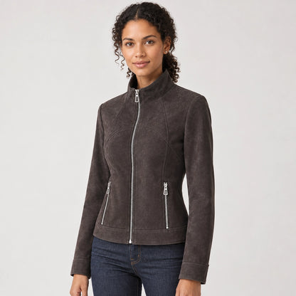 Belvara Sheepskin Leather Jacket — Charcoal (apparel detail)