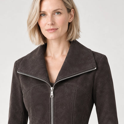 Brynn Sheepskin Leather Jacket — Charcoal (apparel detail)