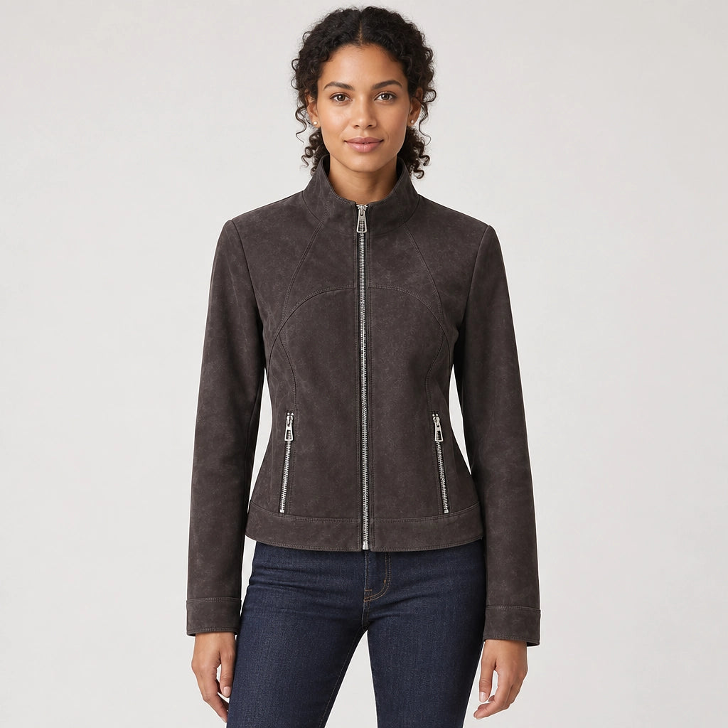 Belvara Sheepskin Leather Jacket — Charcoal (apparel front)
