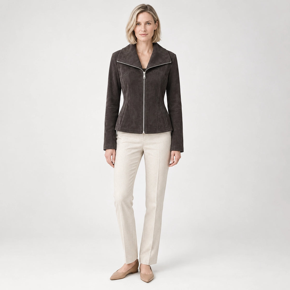 Brynn Sheepskin Leather Jacket — Charcoal (apparel front)