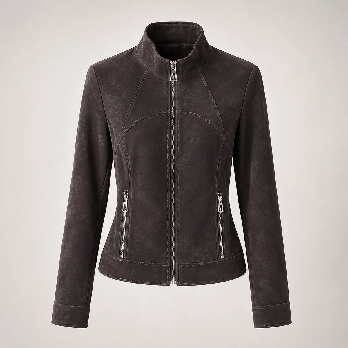 Belvara Sheepskin Leather Jacket — Charcoal (apparel solo)