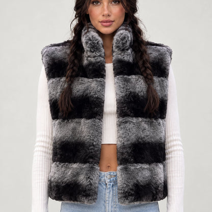 Belara Striped Faux Fur Vest — Charcoal & Black (apparel detail)
