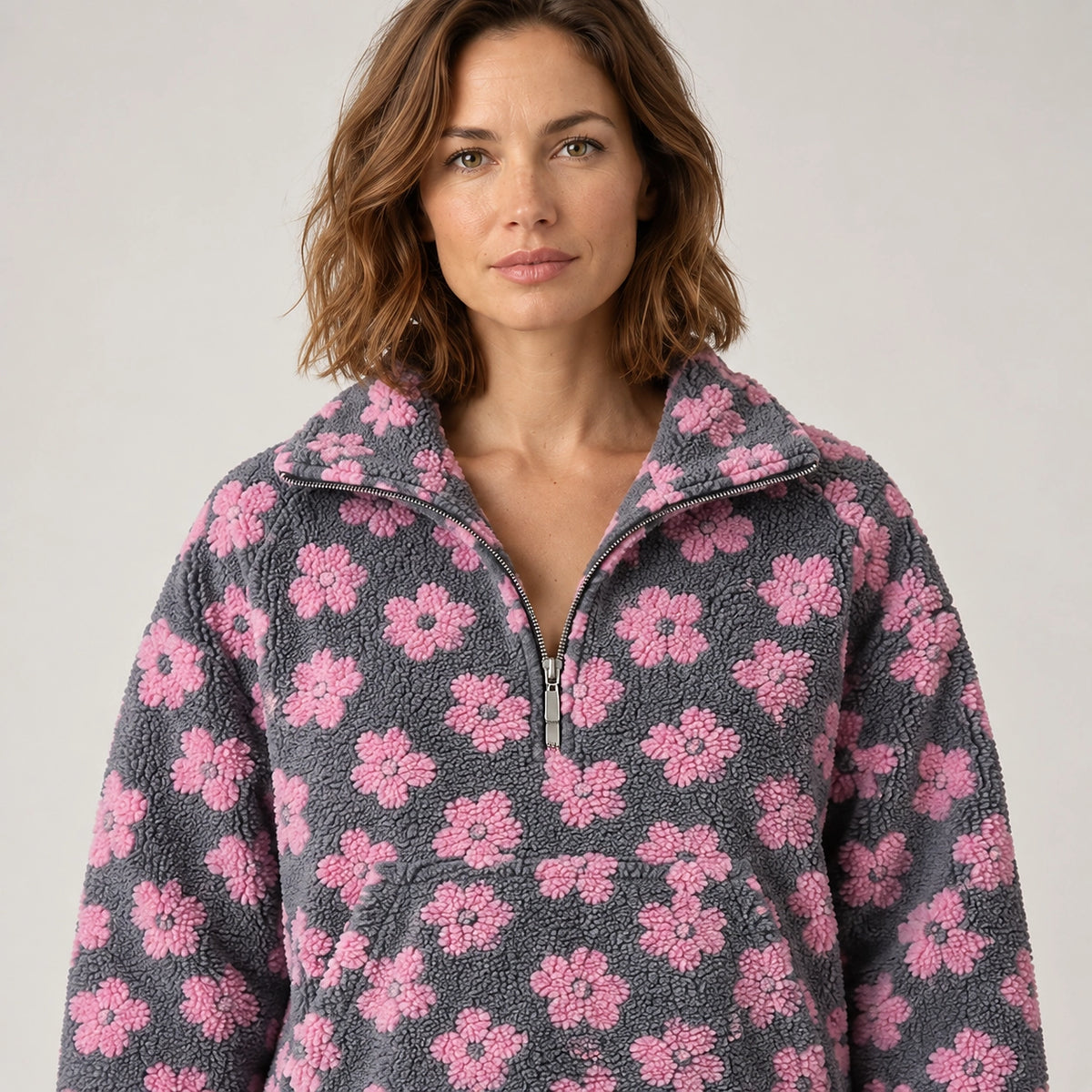 Dulce Floral Fleece Pullover — Charcoal Floral 2 (apparel detail)