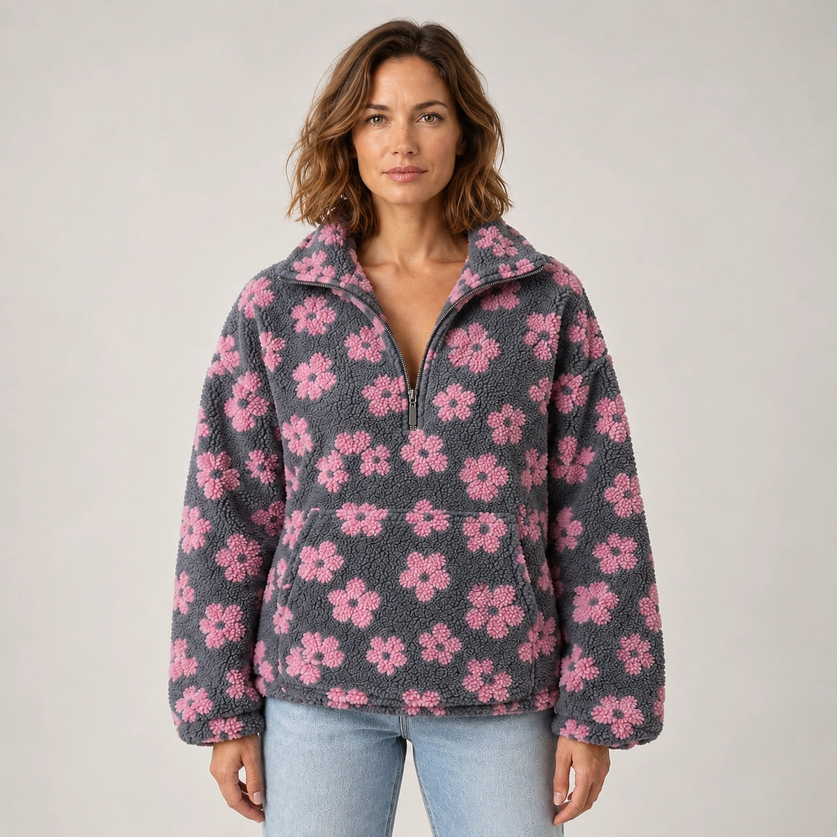 Dulce Floral Fleece Pullover — Charcoal Floral 2 (apparel front)