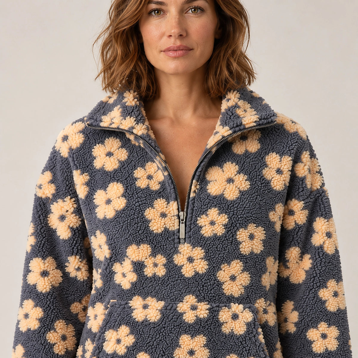 Dulce Floral Fleece Pullover — Charcoal Floral (apparel detail)