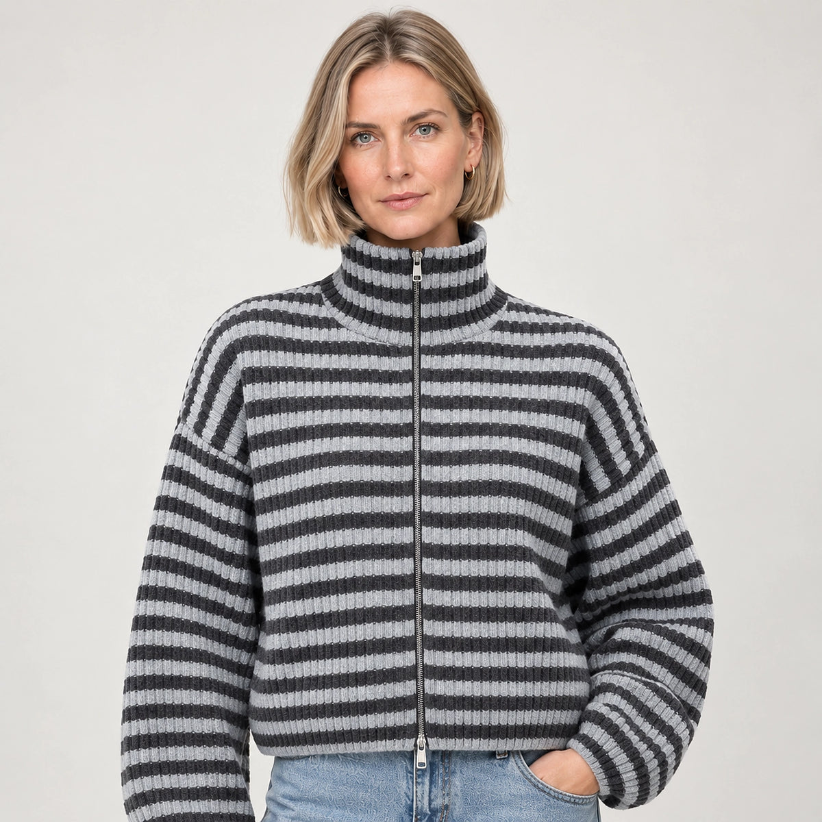 Breval Ribbed Zip Sweater — Charcoal & White Stripe (apparel detail)