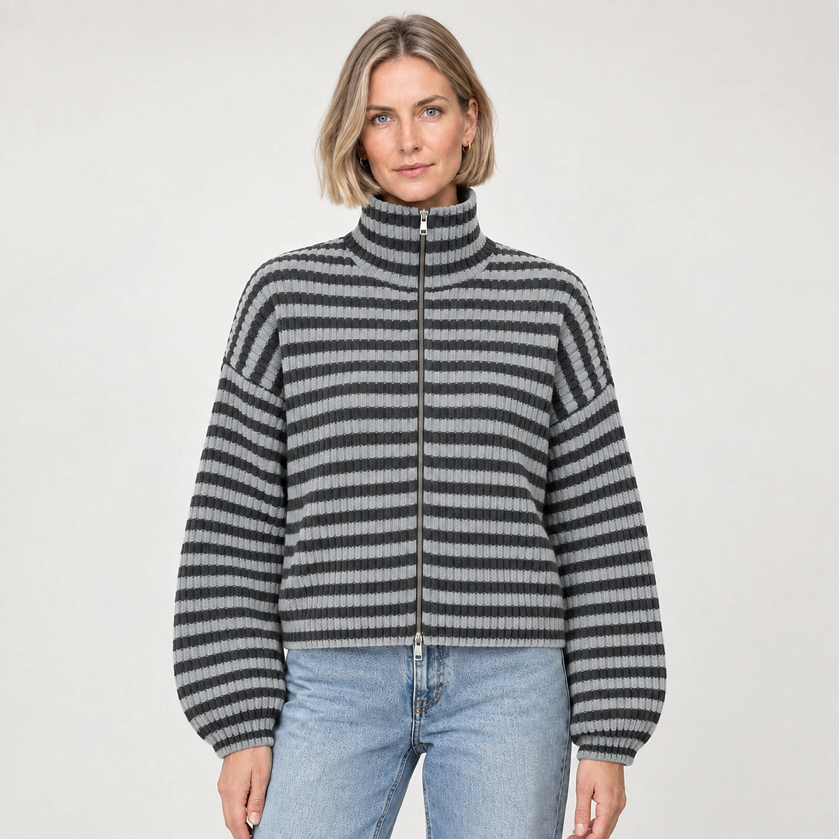 Breval Ribbed Zip Sweater — Charcoal & White Stripe (apparel front)