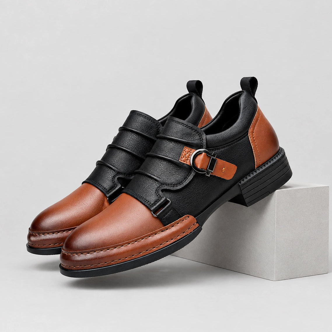 Delvano Leather Monk Strap Loafers — Cognac Brown (mens shoe pedestal)