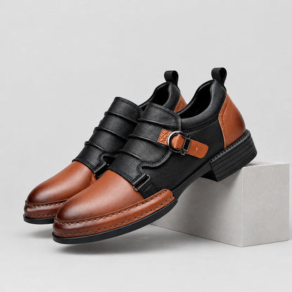 Delvano Leather Monk Strap Loafers — Cognac Brown (mens shoe pedestal)
