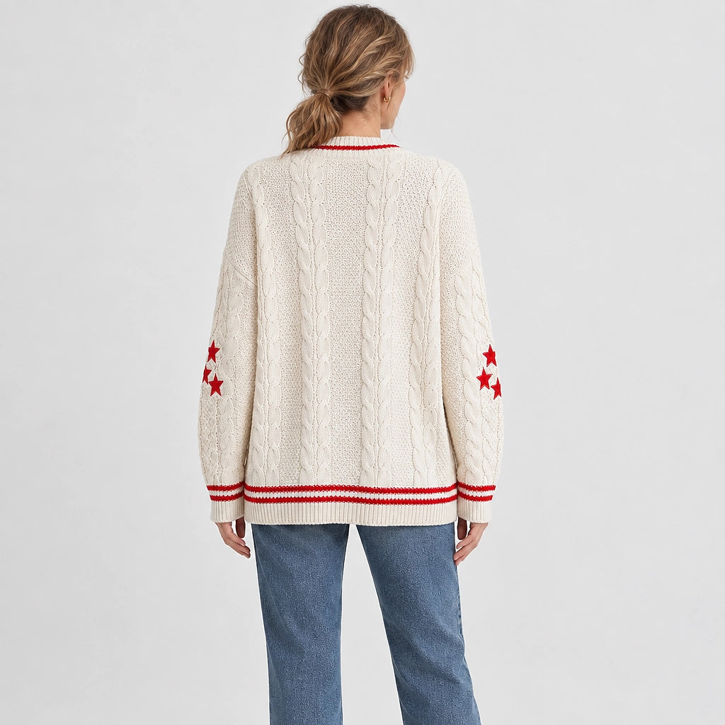 Delwyn Cable-Knit Star Cardigan — Cream Red Stripe (apparel back)