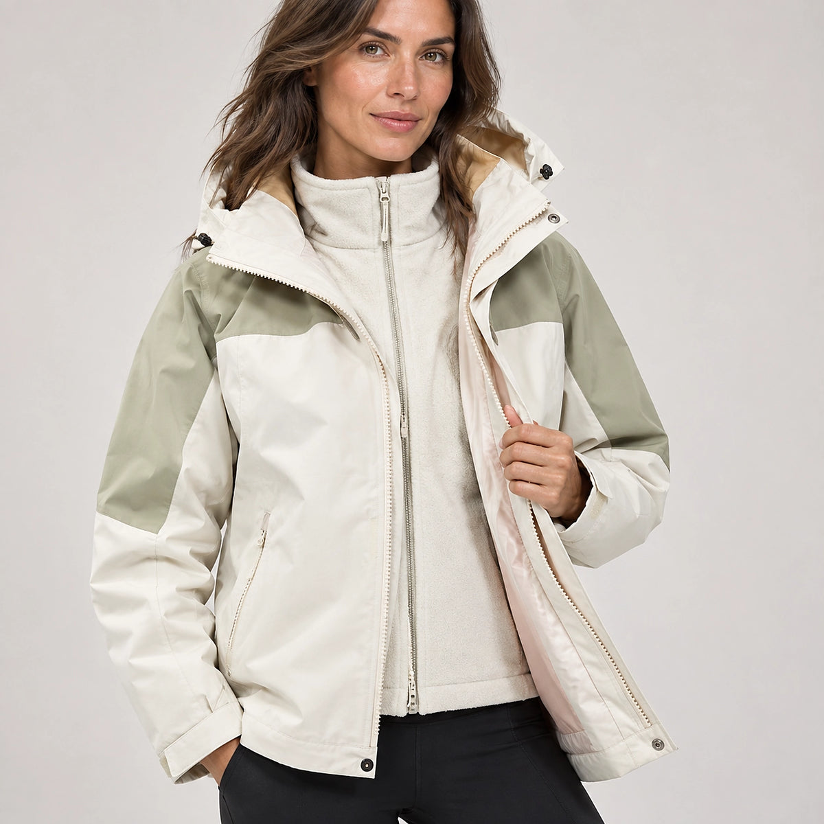 Brindal Hooded Shell Jacket — Cream & Sage (apparel detail)