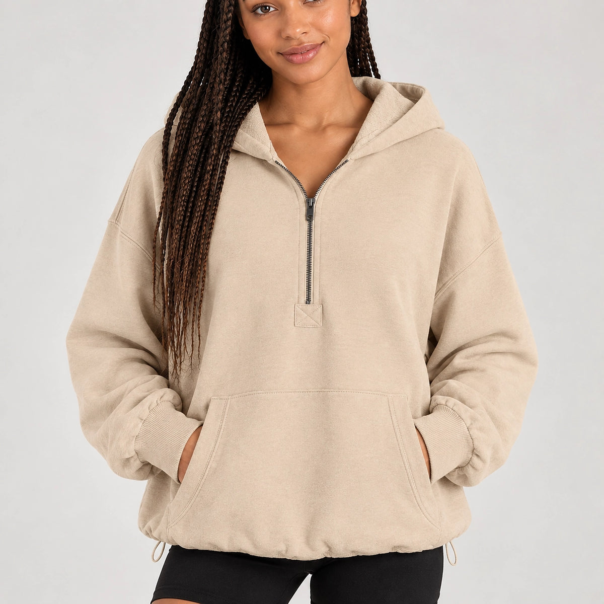 Brelyn Oversized Half-Zip Hoodie — Creamy-white (apparel detail)