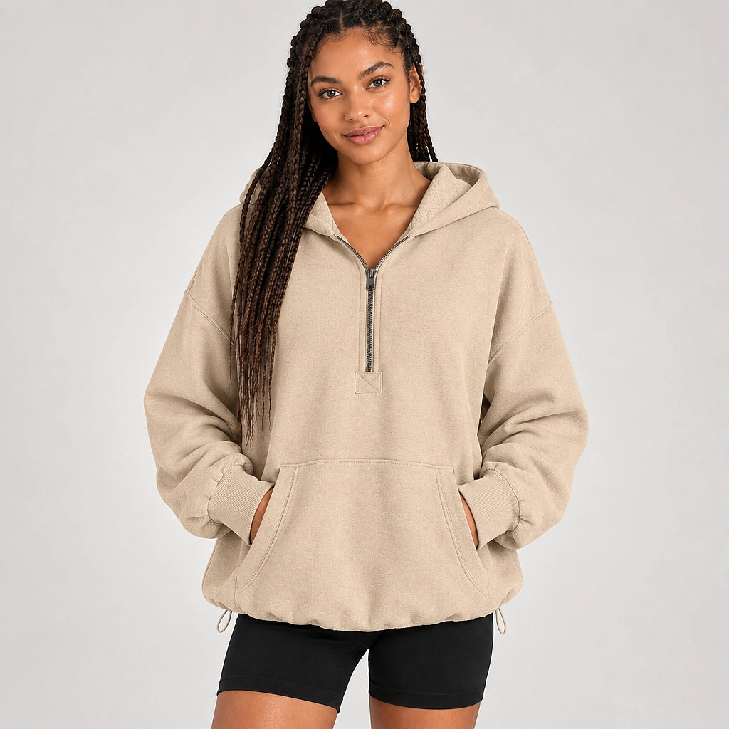 Brelyn Oversized Half-Zip Hoodie — Creamy-white (apparel front)