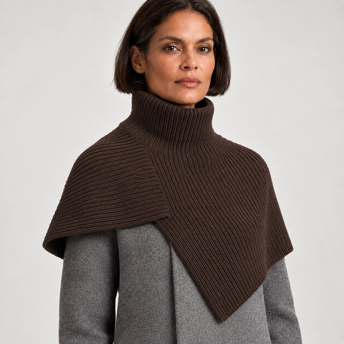 Belvara Ribbed Knit Wrap — Dark Brown (apparel detail)