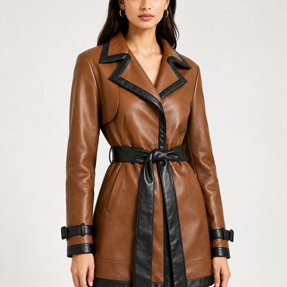 Darovi Belted Leather Trench Coat — Dark Brown (apparel detail)