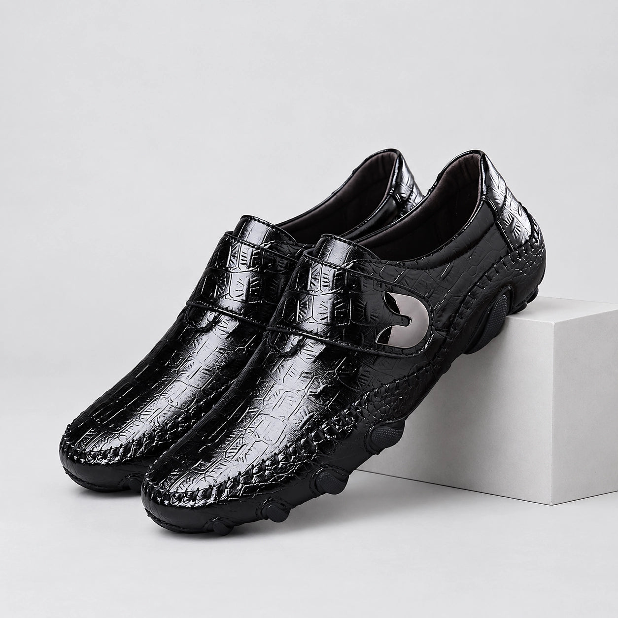 Halston Genuine Leather Loafers — Dark Brown Crocodile (mens shoe pedestal)