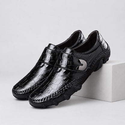 Halston Genuine Leather Loafers — Dark Brown Crocodile (mens shoe pedestal)