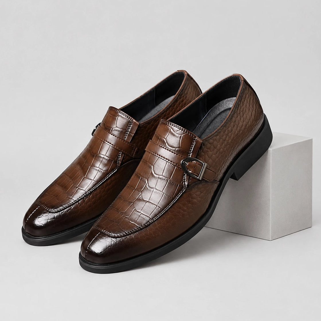 Delvoro Leather Monk Strap Loafers — Dark Brown (mens shoe pedestal)