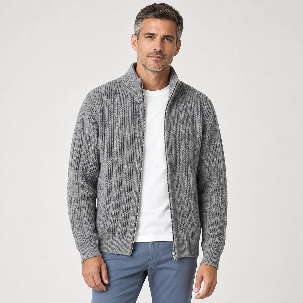 Daxton Ribbed Knit Cardigan — Dark Gray (apparel front)