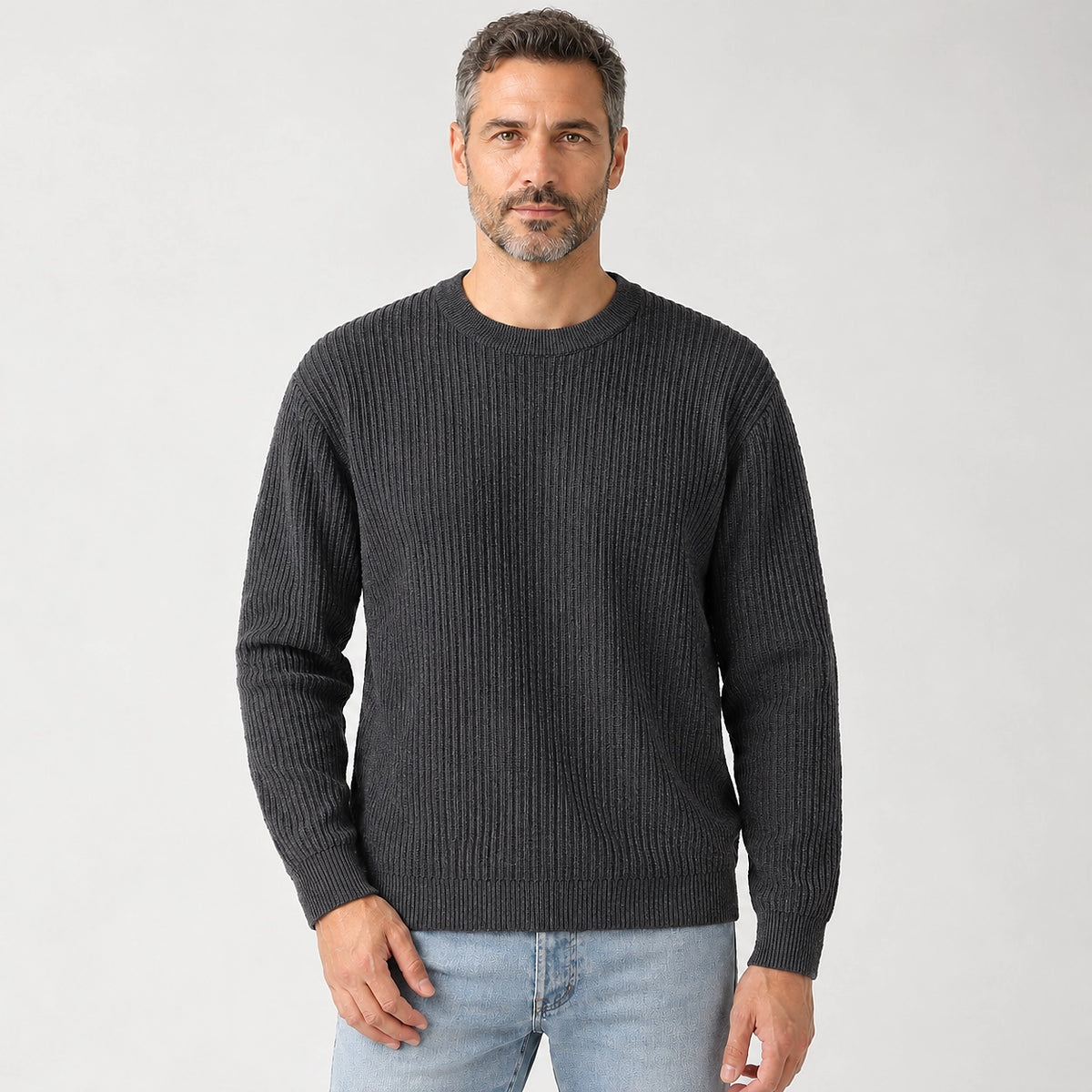 Harlen Ribbed Crewneck Sweater — Dark Gray (apparel front)
