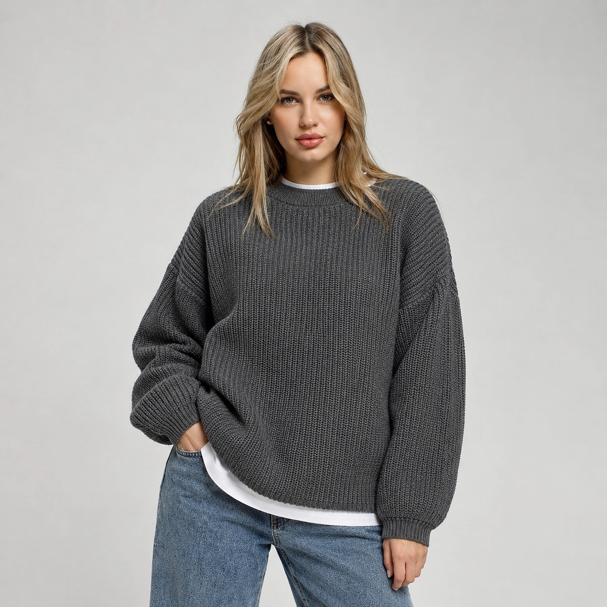 Brynn Ribbed Knit Sweater — Dark Gray (apparel front)