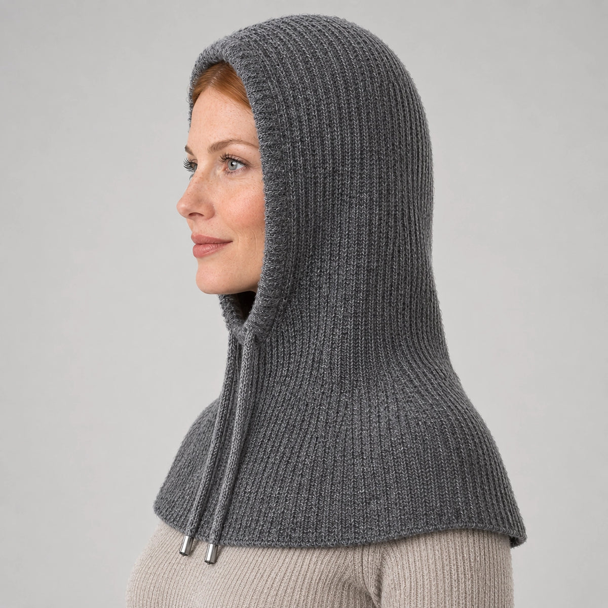 Brynn Wool Blend Balaclava Hood — Dark Gray (headwear model alt)