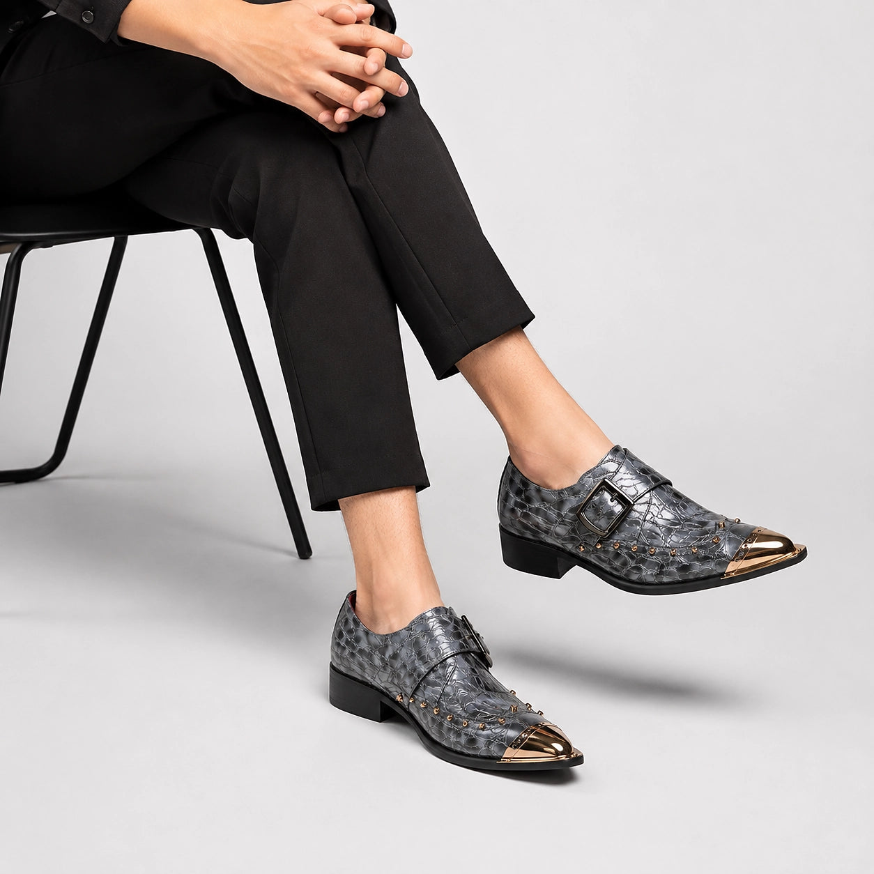Brixton Leather Monk Strap Loafers — Dark Gray (studio with model)