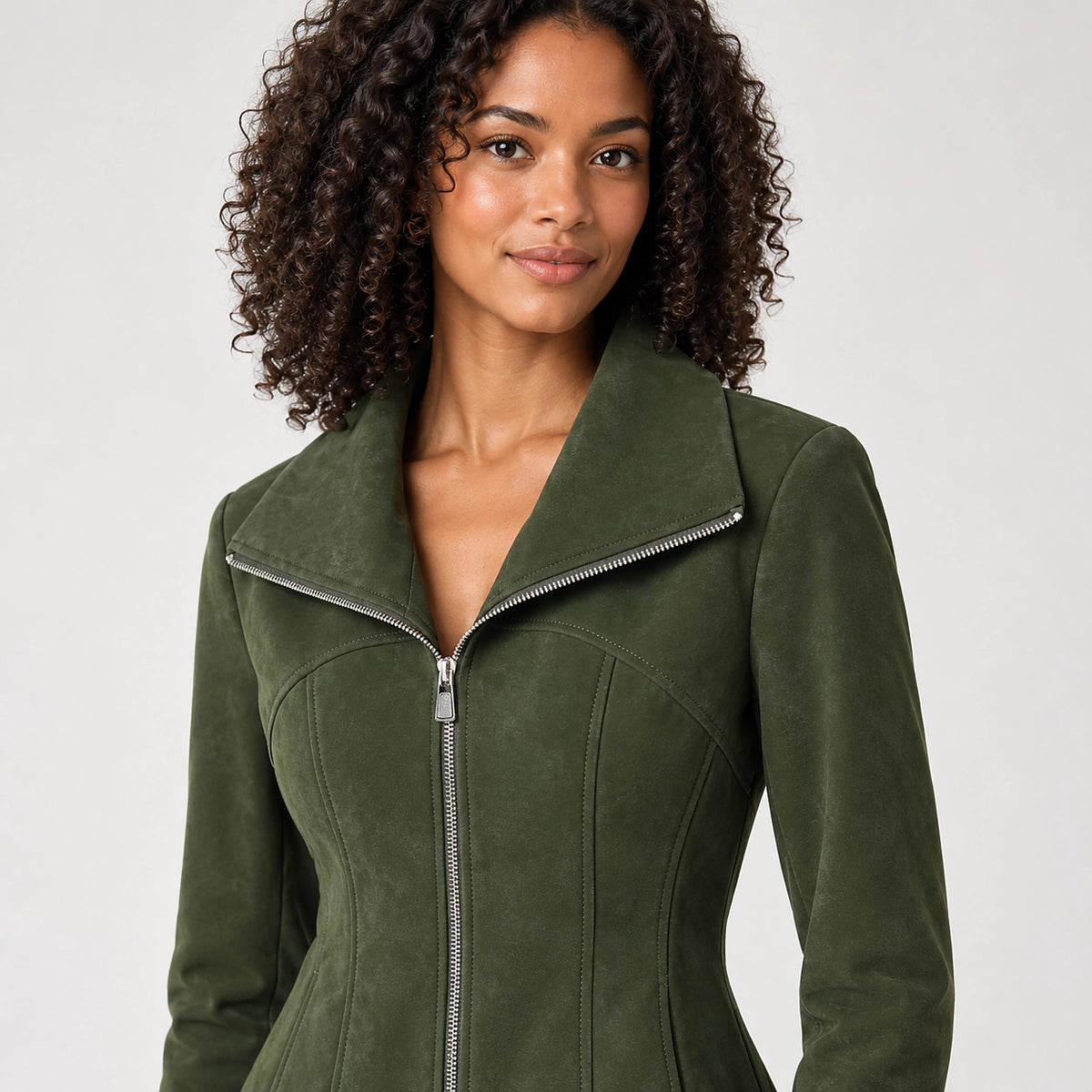 Brynn Sheepskin Leather Jacket — Dark Green (apparel detail)