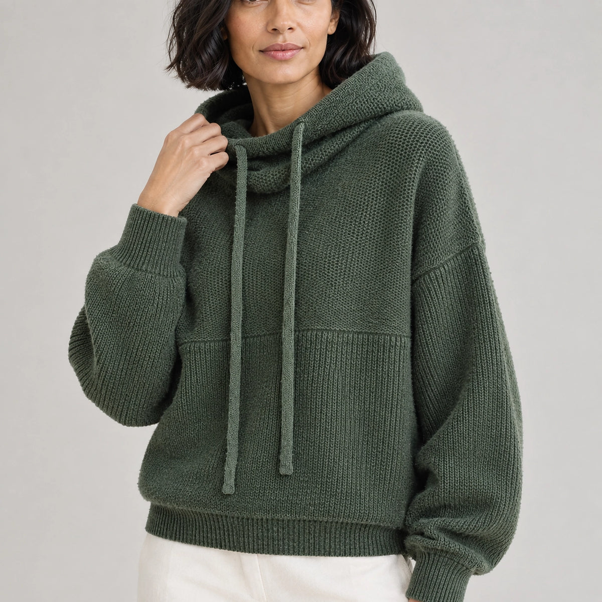 Delwyn Hooded Knit Sweater — Dark Green (apparel detail)