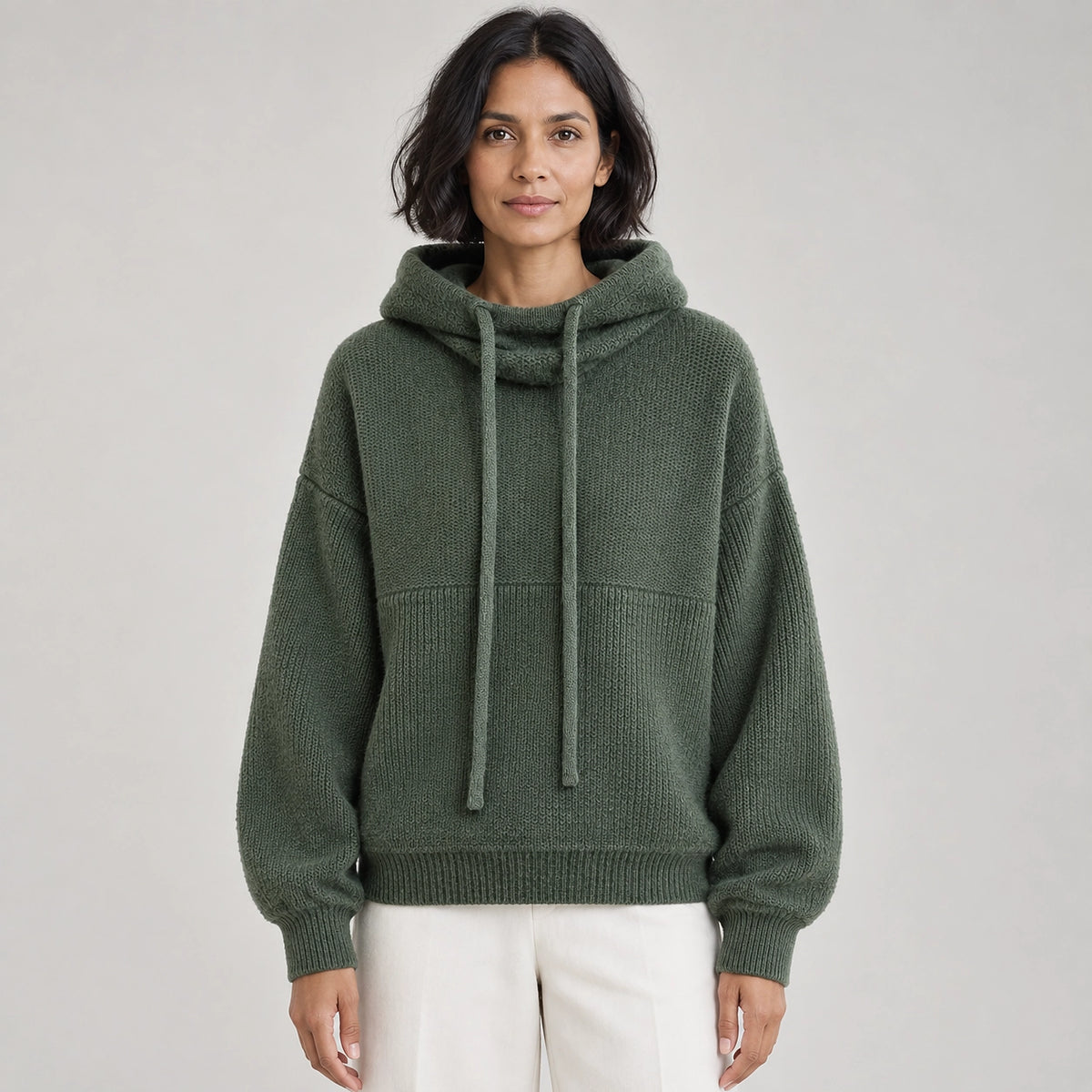 Delwyn Hooded Knit Sweater — Dark Green (apparel front)