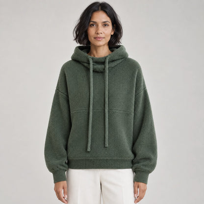 Delwyn Hooded Knit Sweater — Dark Green (apparel front)
