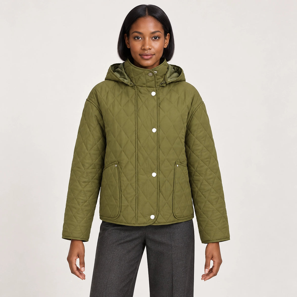 Loravienne Quilted Hooded Jacket — Dark Green (apparel front)