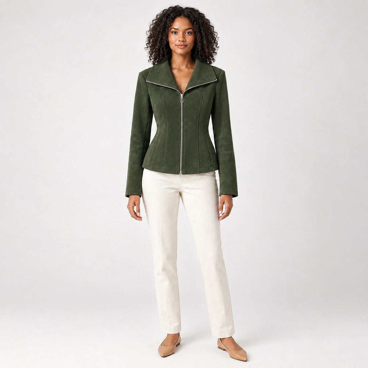 Brynn Sheepskin Leather Jacket — Dark Green (apparel front)
