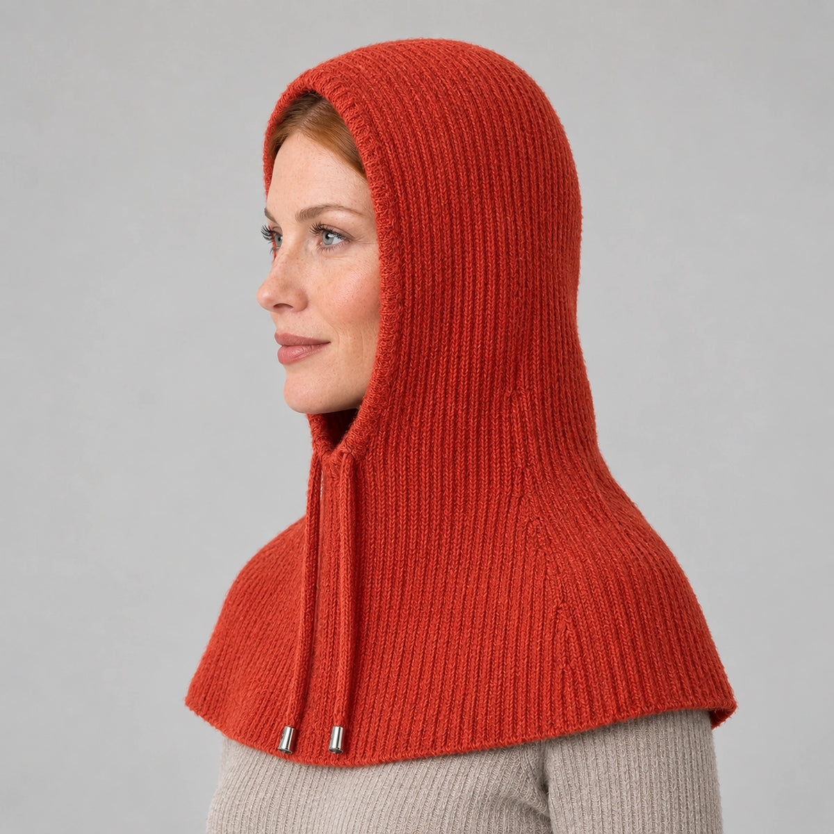 Brynn Wool Blend Balaclava Hood — Dark Orange (headwear model alt)
