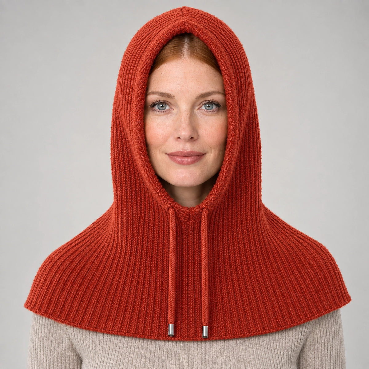 Brynn Wool Blend Balaclava Hood — Dark Orange (headwear model front)