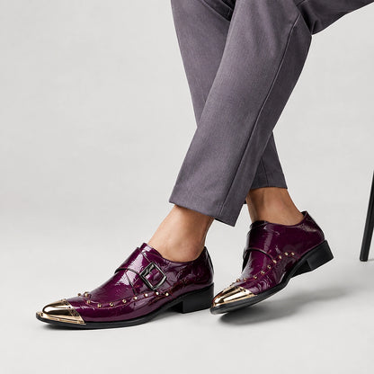 Brixton Leather Monk Strap Loafers — Dark Purple (studio with model)