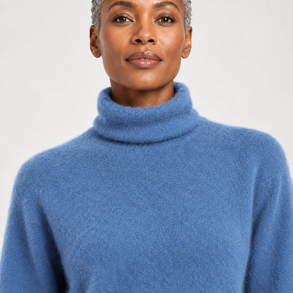 Delwyn Cashmere Turtleneck Sweater — Denim Blue (apparel detail)