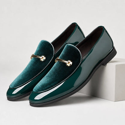 Dalcourt Leather Horsebit Loafers — Forest Green & Teal (mens shoe pedestal)