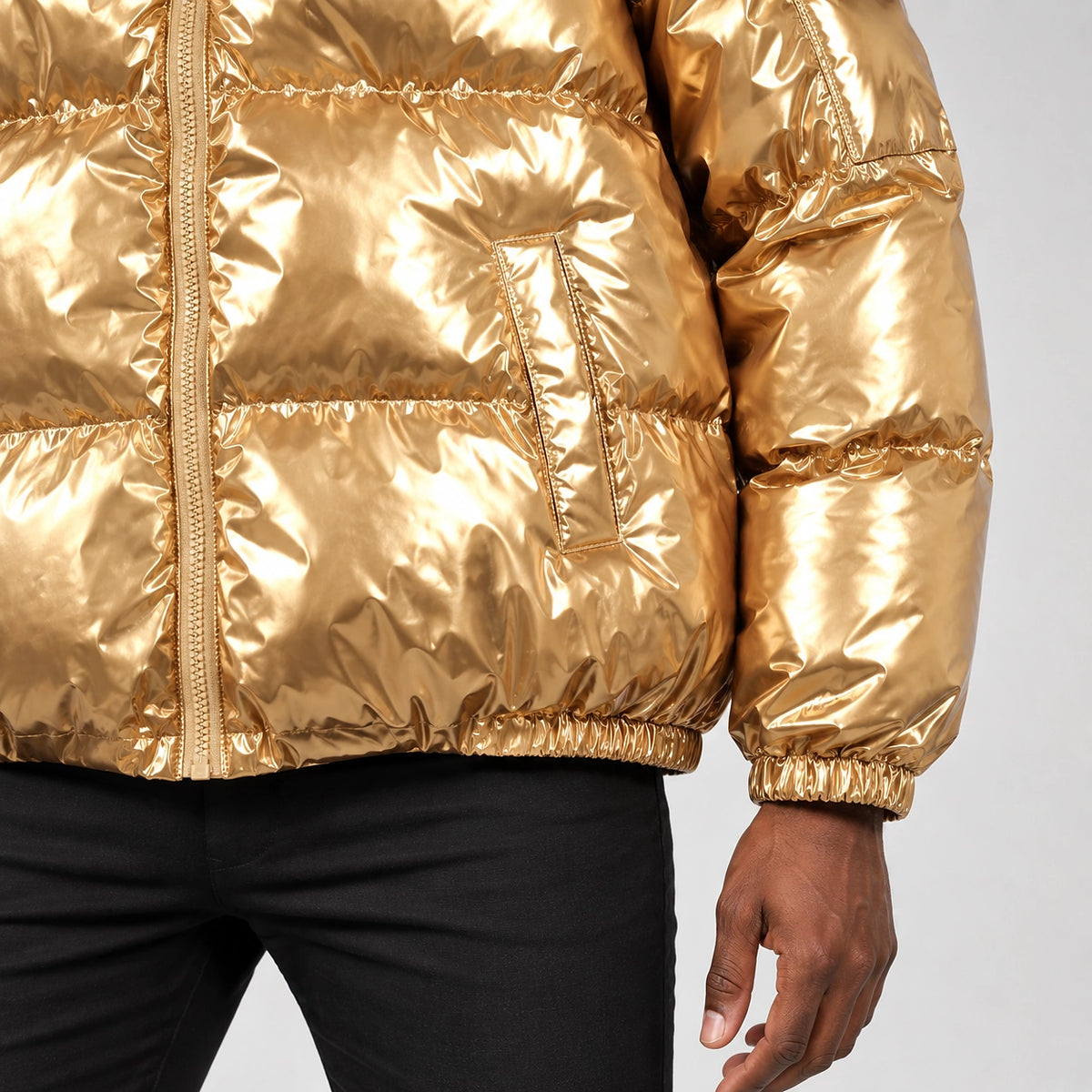 Byrne Glossy Puffer Jacket — Gold (apparel detail)